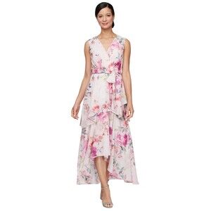 SLNY Fashions Women's Floral-Print Chiffon High-Low Dress Pink /White Size 12